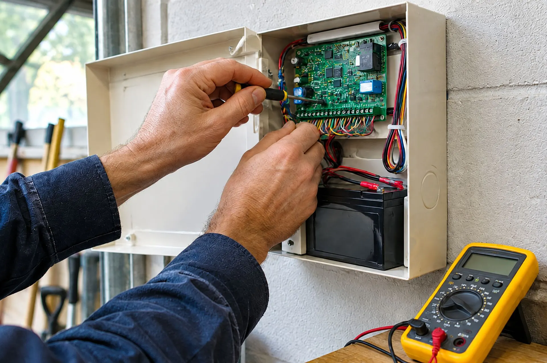 Hands using a screwdriver on an open alarm control panel